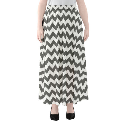 Grey And White Chevron Pattern Print Chiffon Maxi Skirt