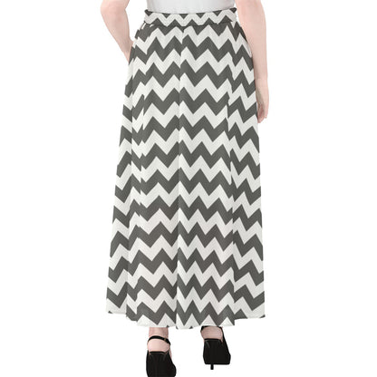 Grey And White Chevron Pattern Print Chiffon Maxi Skirt