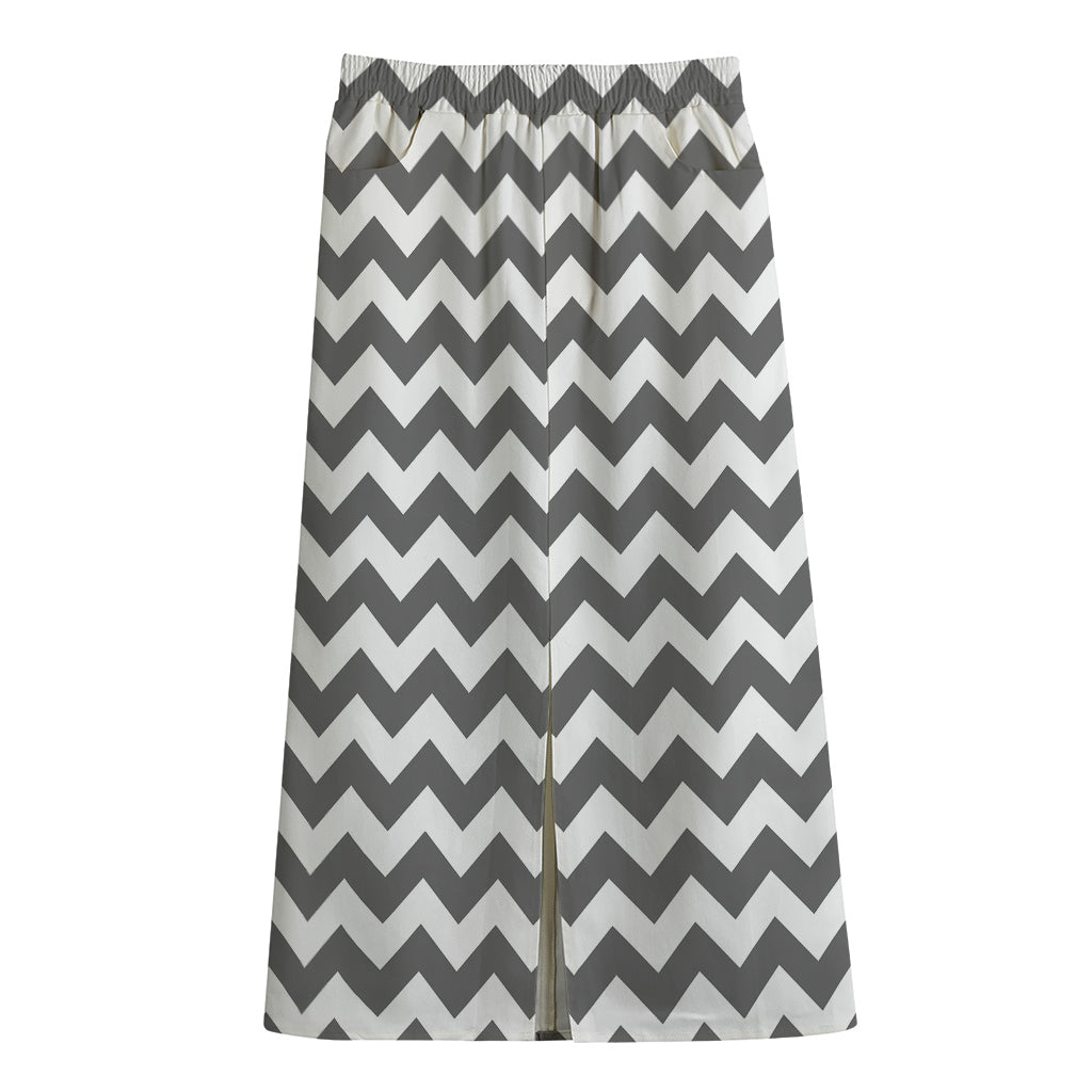 Grey And White Chevron Pattern Print Cotton Front Slit Maxi Skirt