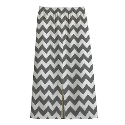 Grey And White Chevron Pattern Print Cotton Front Slit Maxi Skirt