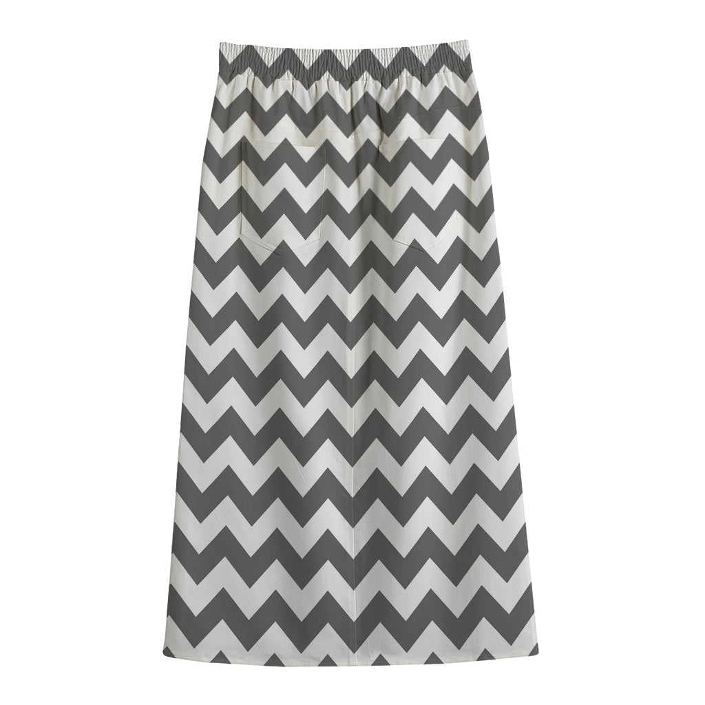 Grey And White Chevron Pattern Print Cotton Front Slit Maxi Skirt