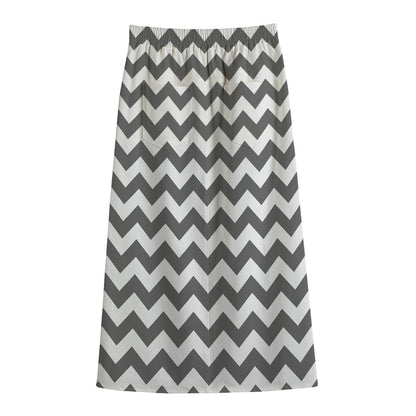 Grey And White Chevron Pattern Print Cotton Front Slit Maxi Skirt