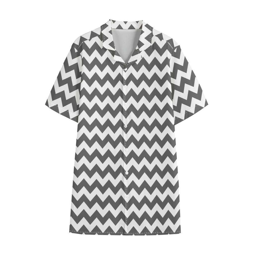 Grey And White Chevron Pattern Print Cotton Hawaiian Shirt