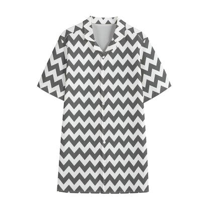Grey And White Chevron Pattern Print Cotton Hawaiian Shirt