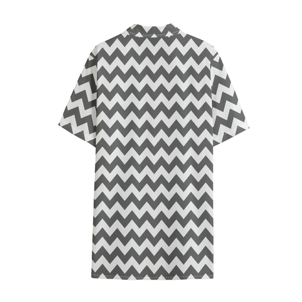 Grey And White Chevron Pattern Print Cotton Hawaiian Shirt