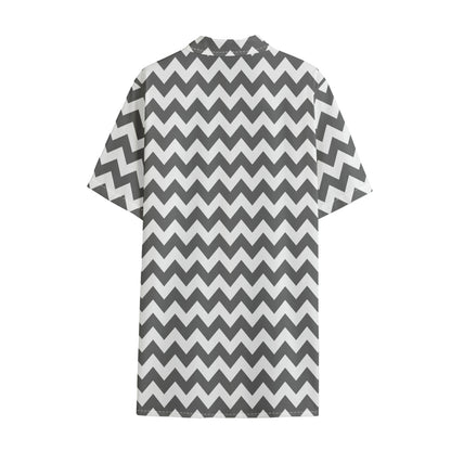 Grey And White Chevron Pattern Print Cotton Hawaiian Shirt