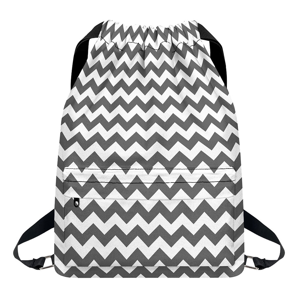 Grey And White Chevron Pattern Print Drawstring Backpack