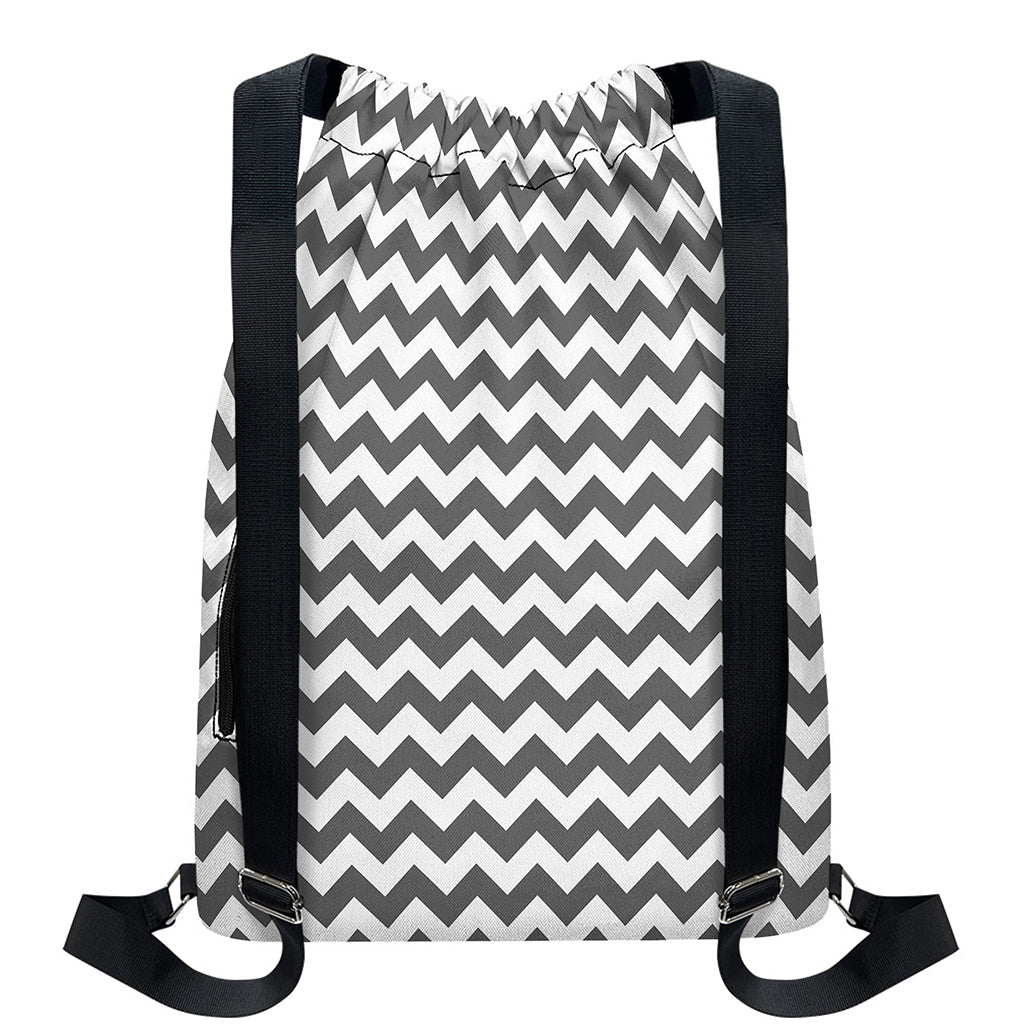Grey And White Chevron Pattern Print Drawstring Backpack