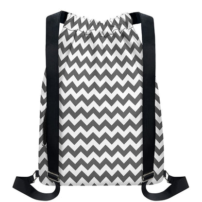 Grey And White Chevron Pattern Print Drawstring Backpack