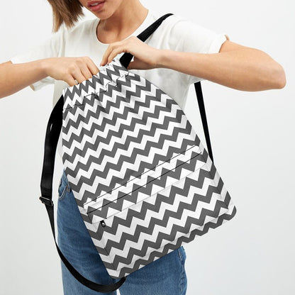 Grey And White Chevron Pattern Print Drawstring Backpack