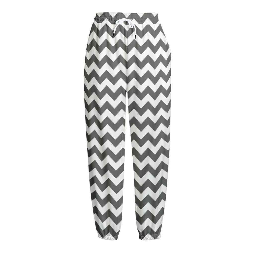 Grey And White Chevron Pattern Print Fleece Lined Knit Pants