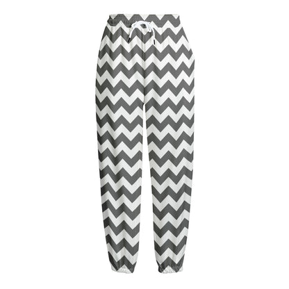 Grey And White Chevron Pattern Print Fleece Lined Knit Pants
