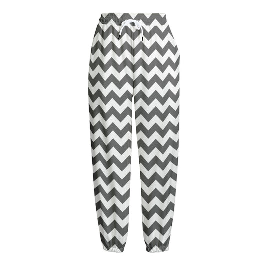 Grey And White Chevron Pattern Print Fleece Lined Knit Pants