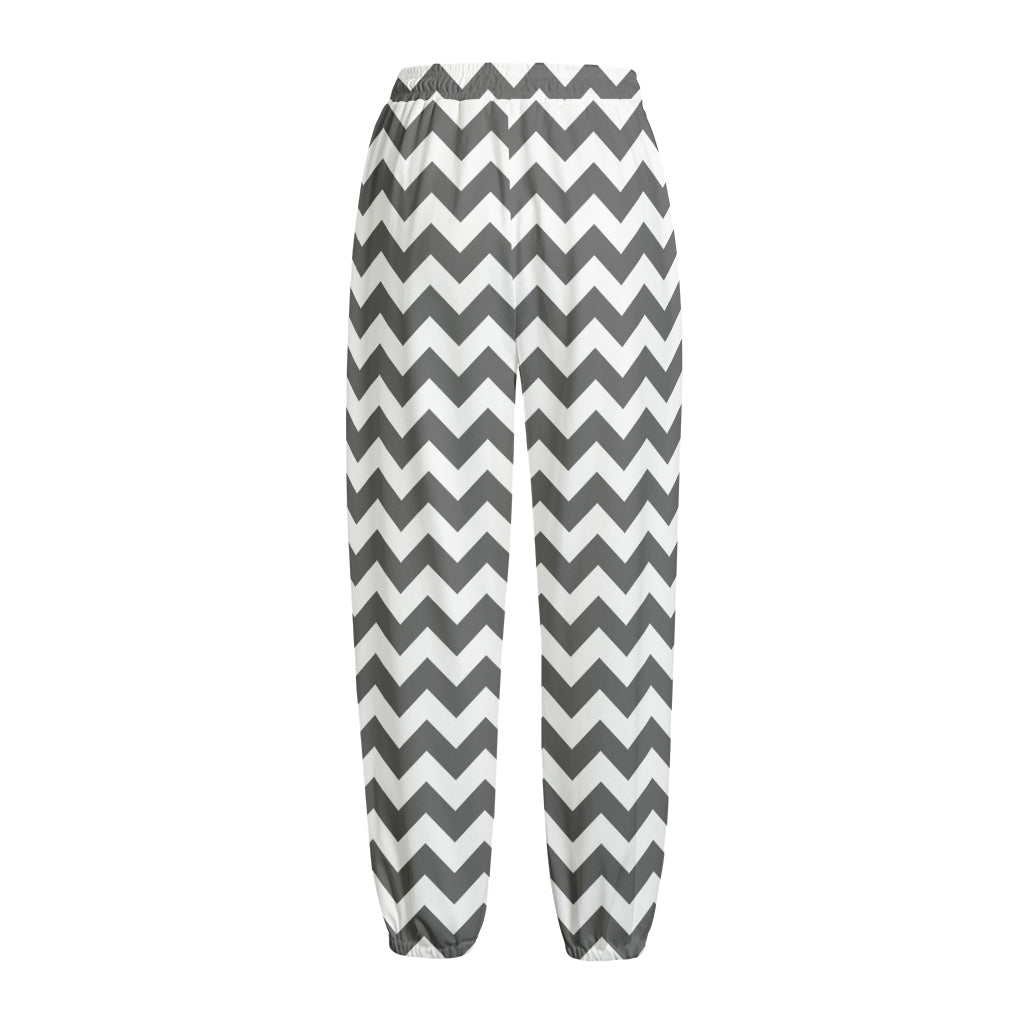 Grey And White Chevron Pattern Print Fleece Lined Knit Pants