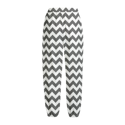 Grey And White Chevron Pattern Print Fleece Lined Knit Pants