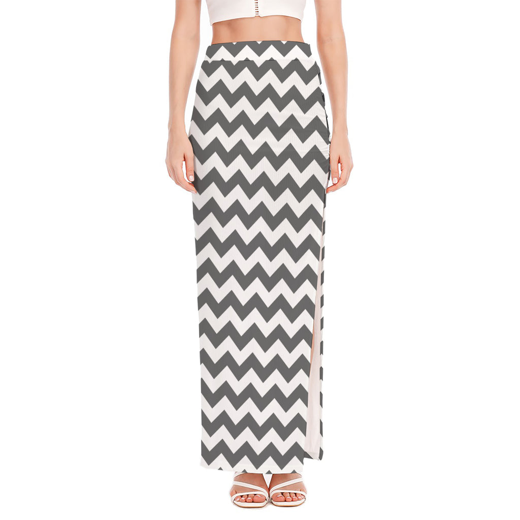 Grey And White Chevron Pattern Print High Slit Maxi Skirt