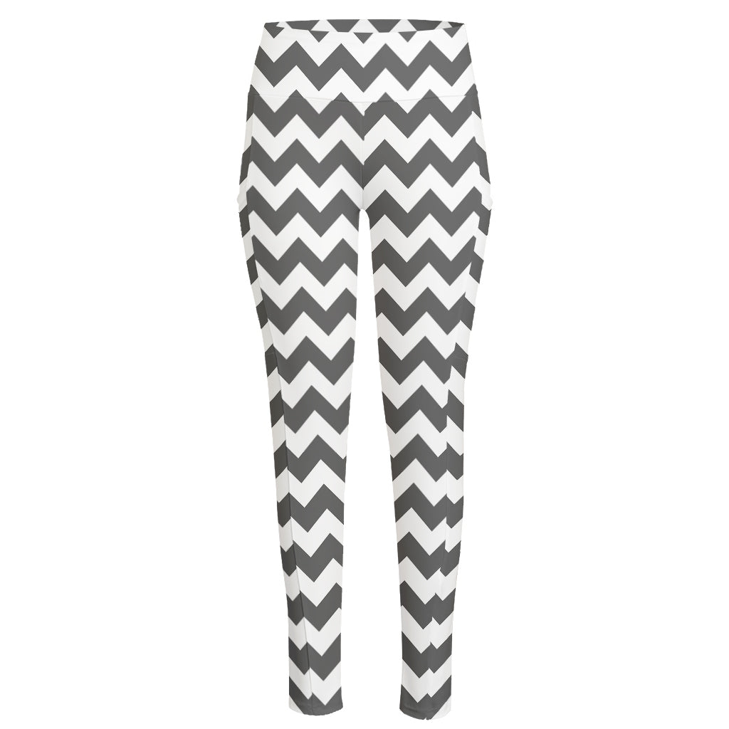 Grey And White Chevron Pattern Print High-Waisted Pocket Leggings