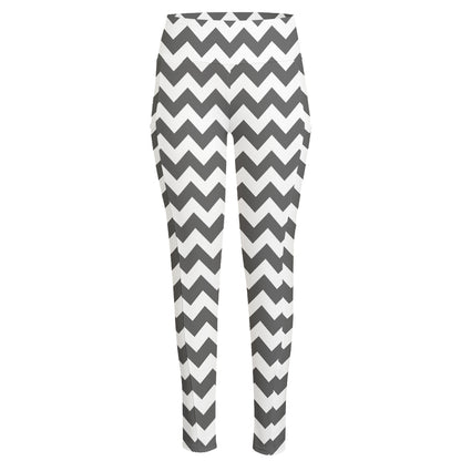 Grey And White Chevron Pattern Print High-Waisted Pocket Leggings