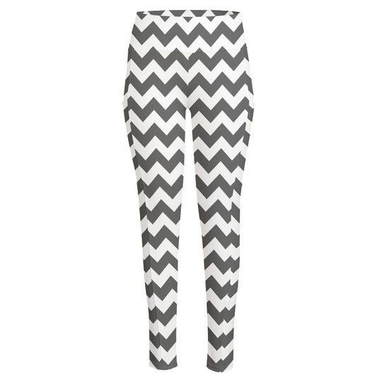 Grey And White Chevron Pattern Print High-Waisted Pocket Leggings