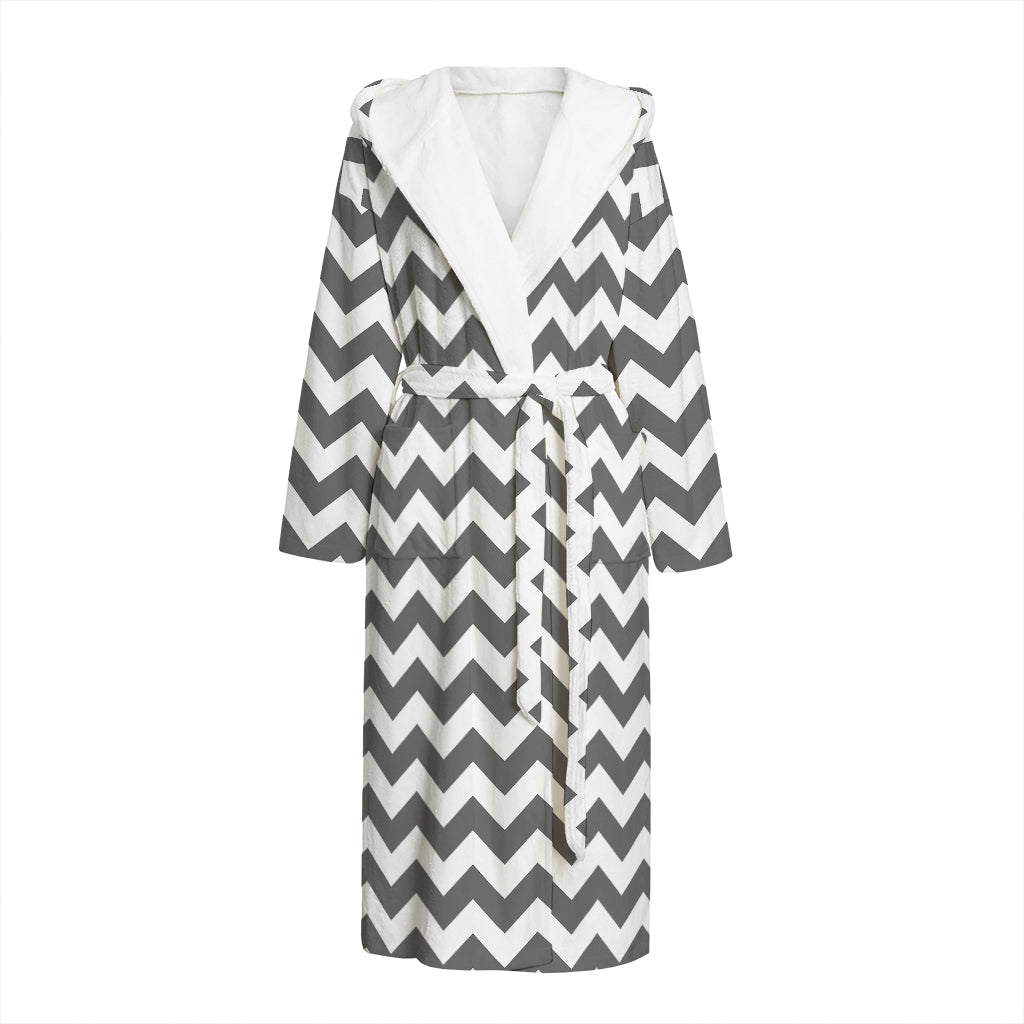 Grey And White Chevron Pattern Print Hooded Bathrobe