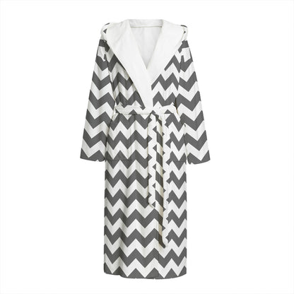Grey And White Chevron Pattern Print Hooded Bathrobe