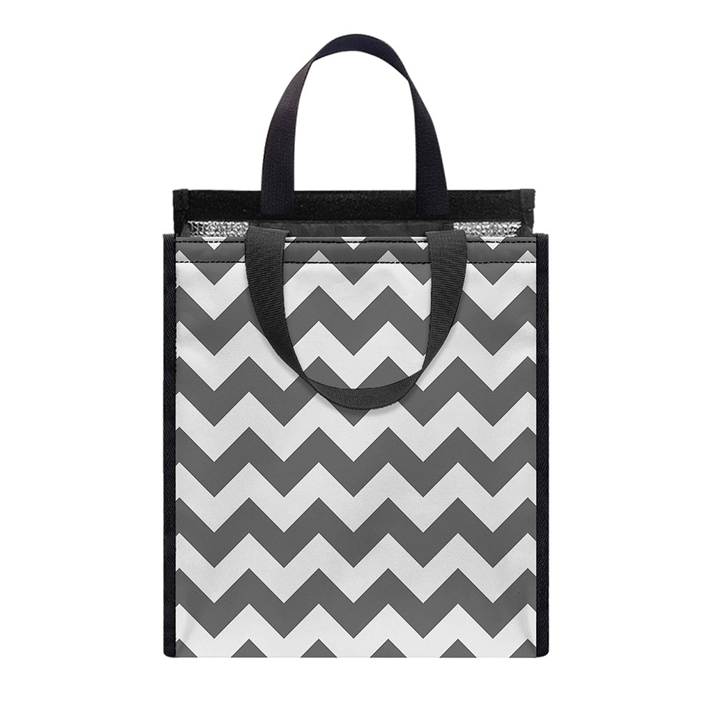 Grey And White Chevron Pattern Print Insulated Lunch Tote