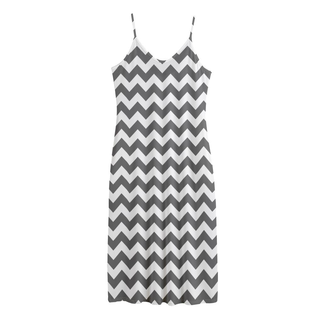 Grey And White Chevron Pattern Print Jersey Midi Cami Dress