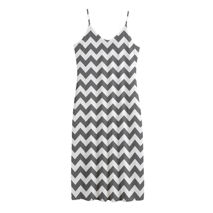 Grey And White Chevron Pattern Print Jersey Midi Cami Dress