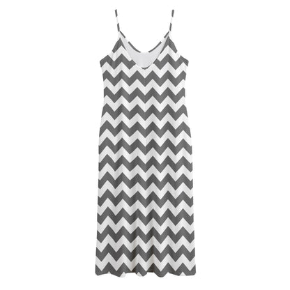 Grey And White Chevron Pattern Print Jersey Midi Cami Dress