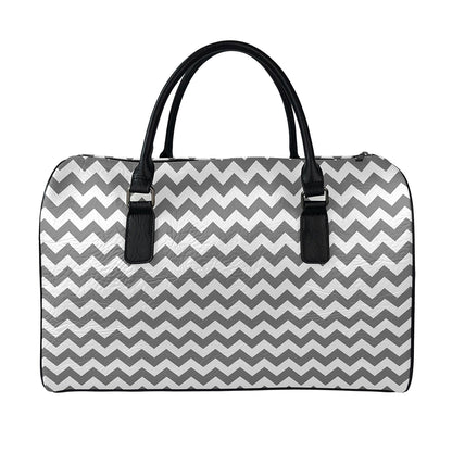 Grey And White Chevron Pattern Print Leather Duffle Bag