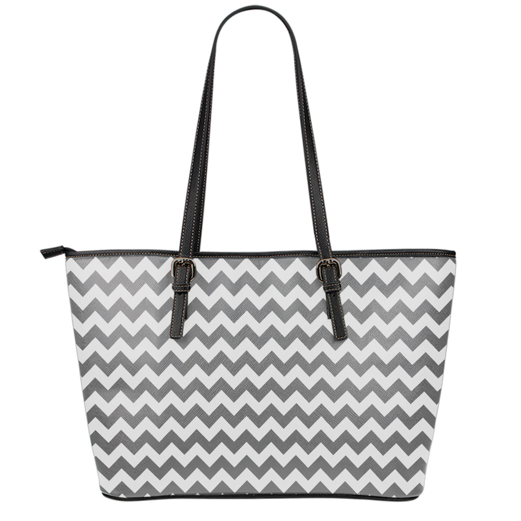 Grey And White Chevron Pattern Print Leather Tote Bag