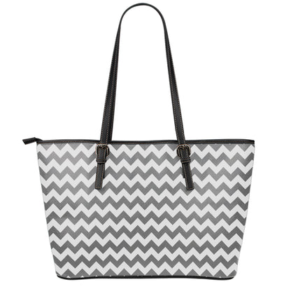 Grey And White Chevron Pattern Print Leather Tote Bag