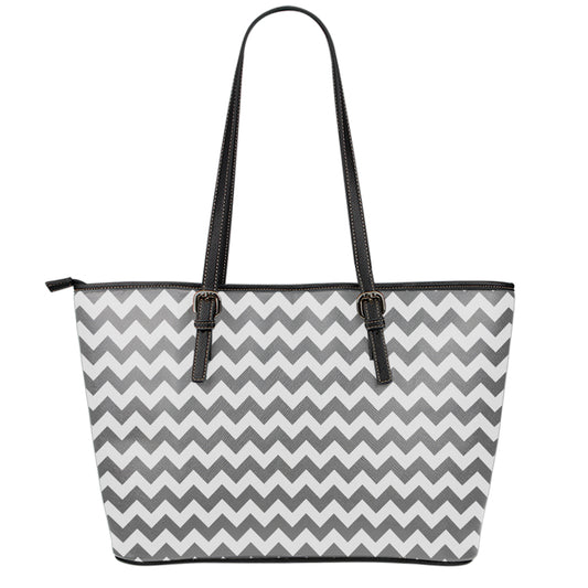 Grey And White Chevron Pattern Print Leather Tote Bag