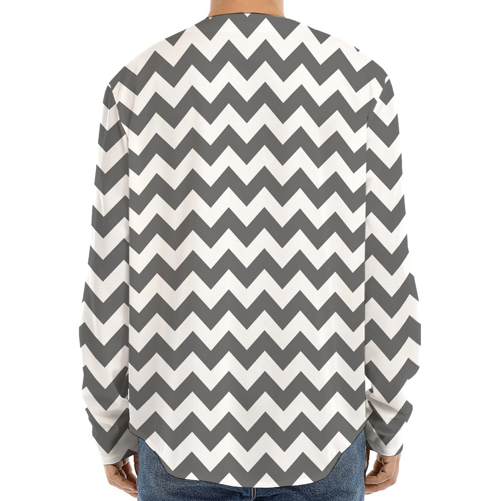Grey And White Chevron Pattern Print Long Sleeve Baseball Jersey