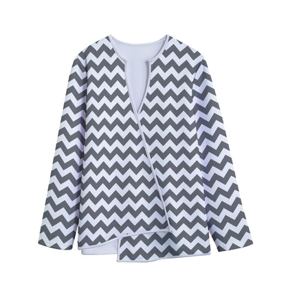 Grey And White Chevron Pattern Print Long Sleeve Short Coat