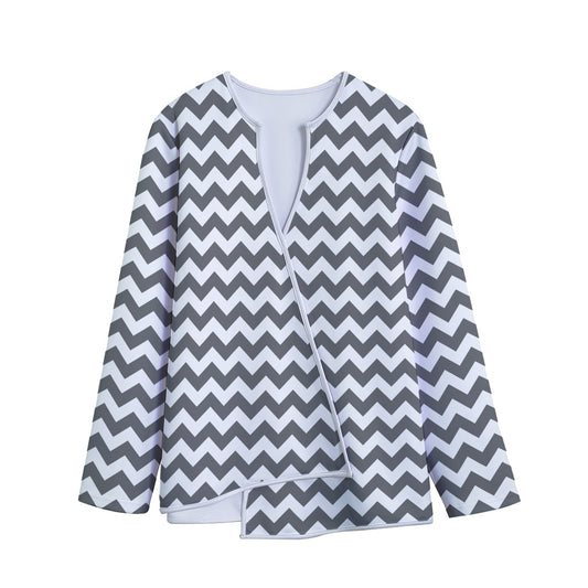 Grey And White Chevron Pattern Print Long Sleeve Short Coat