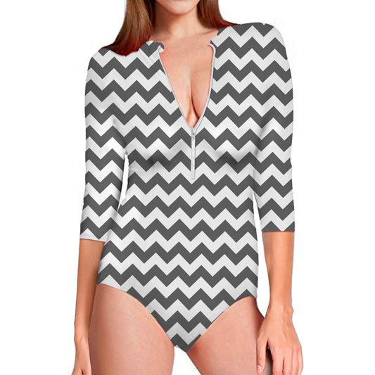 Grey And White Chevron Pattern Print Long Sleeve Swimsuit