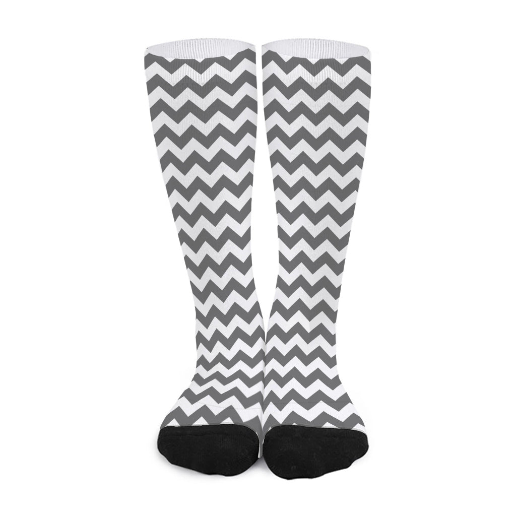 Grey And White Chevron Pattern Print Long Socks
