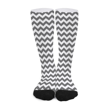 Grey And White Chevron Pattern Print Long Socks