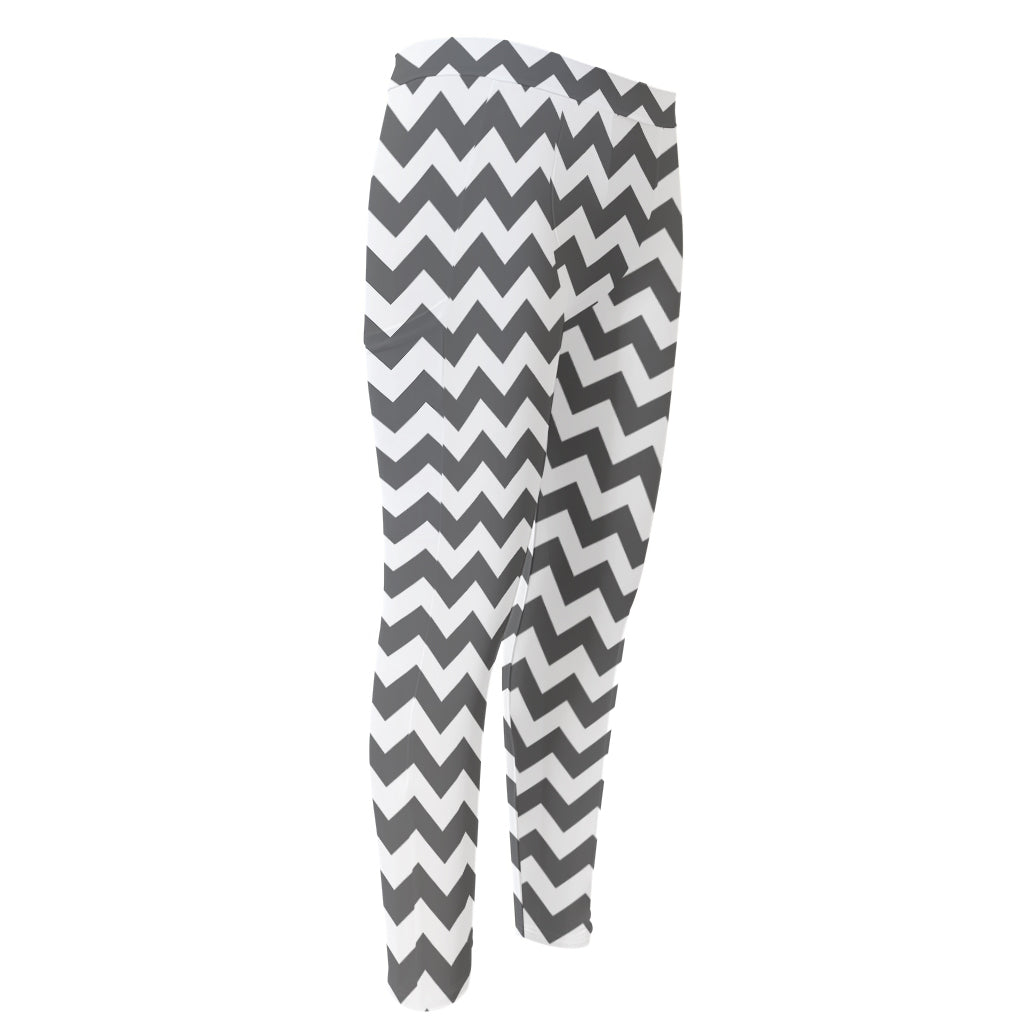Grey And White Chevron Pattern Print Men's Compression Pants
