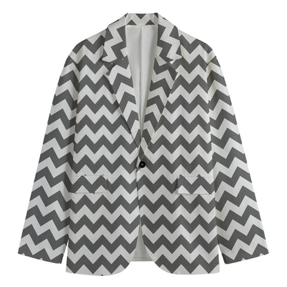 Grey And White Chevron Pattern Print Men's Cotton Blazer