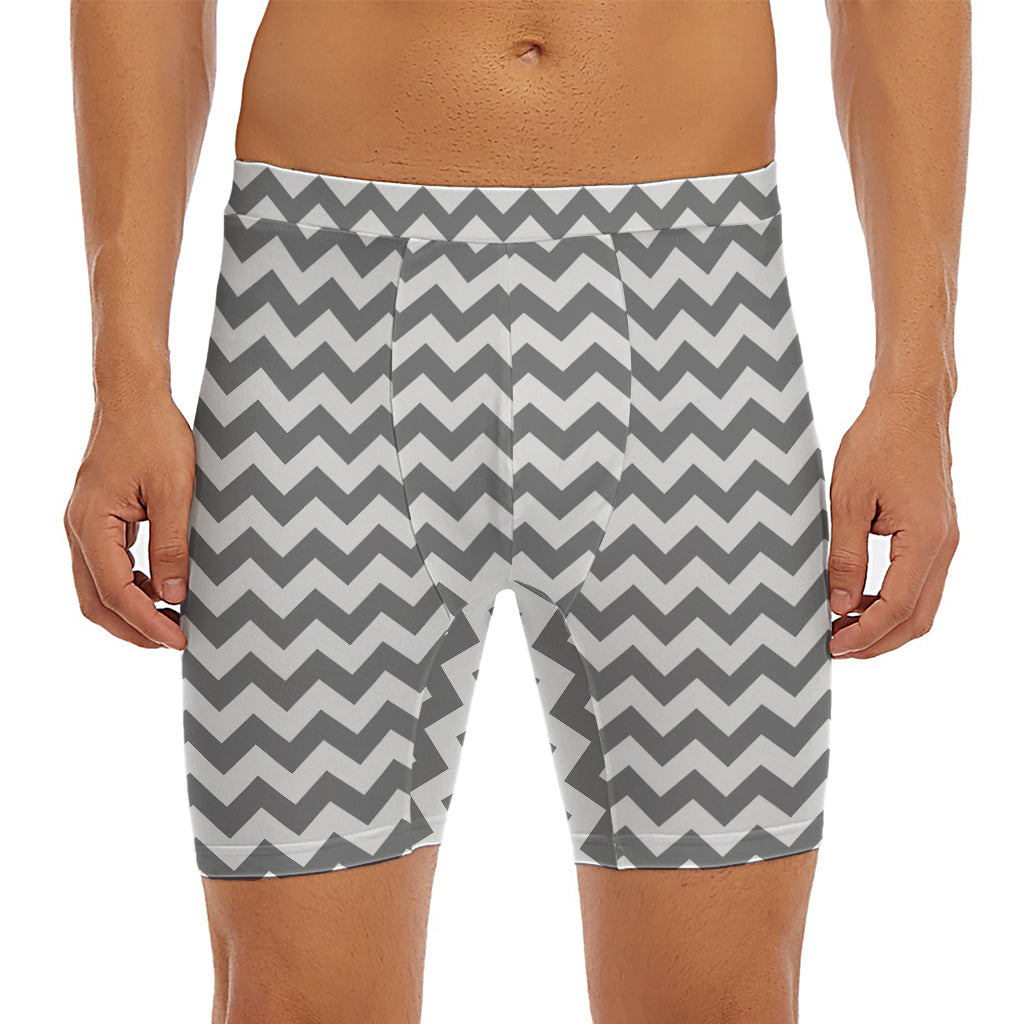 Grey And White Chevron Pattern Print Men's Long Boxer Briefs