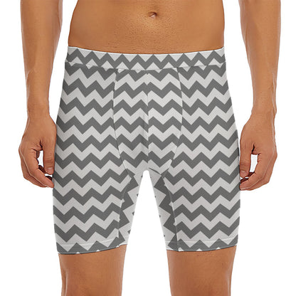 Grey And White Chevron Pattern Print Men's Long Boxer Briefs