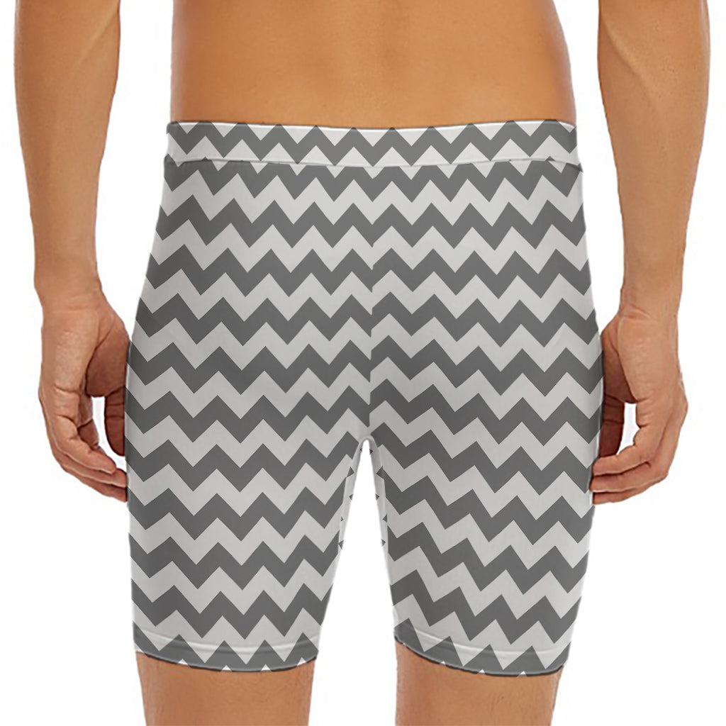 Grey And White Chevron Pattern Print Men's Long Boxer Briefs