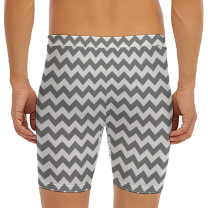 Grey And White Chevron Pattern Print Men's Long Boxer Briefs
