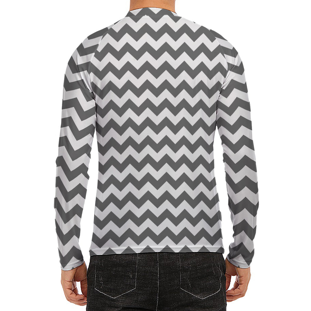 Grey And White Chevron Pattern Print Men's Long Sleeve Rash Guard