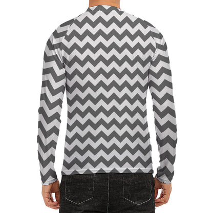 Grey And White Chevron Pattern Print Men's Long Sleeve Rash Guard