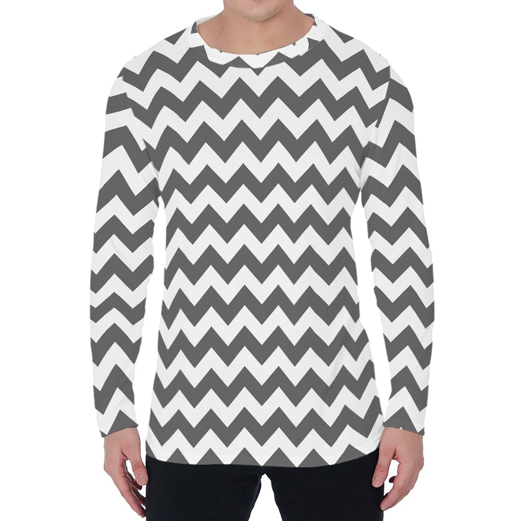 Grey And White Chevron Pattern Print Men's Long Sleeve T-Shirt
