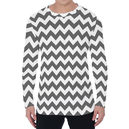 Grey And White Chevron Pattern Print Men's Long Sleeve T-Shirt