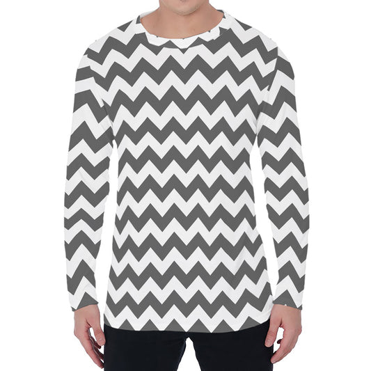 Grey And White Chevron Pattern Print Men's Long Sleeve T-Shirt